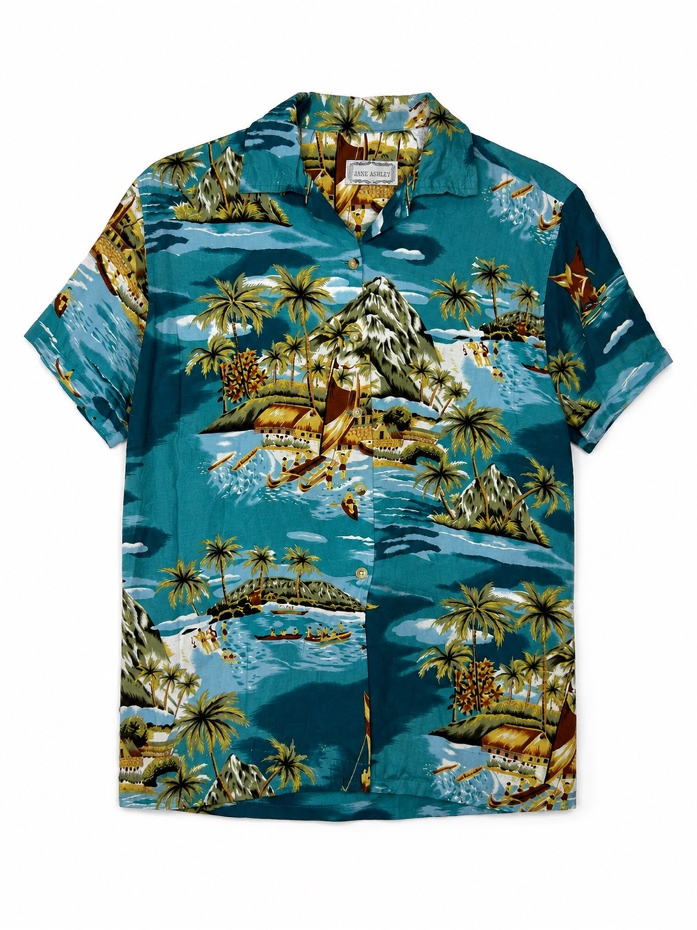 Jane Ashley Men’s M Hawaiian Aloha Shirt Teal Tropical Island Scenic Button